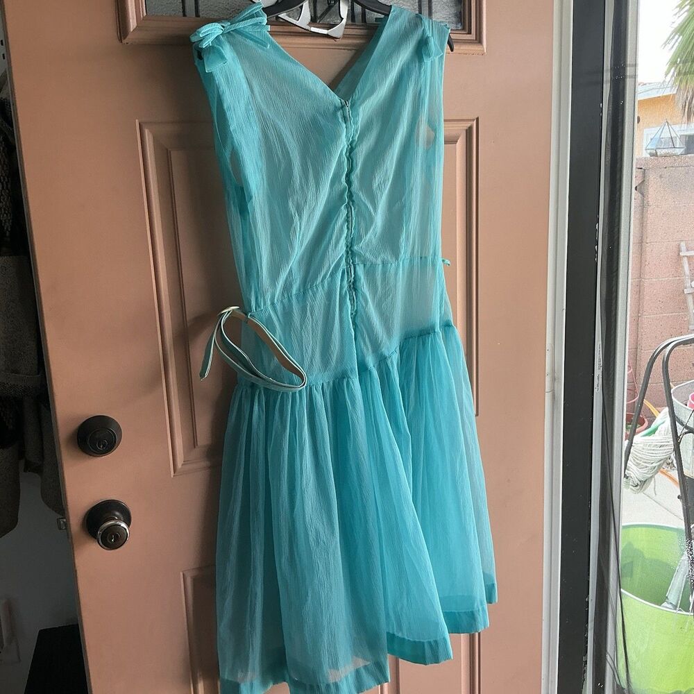 Vintage 1950’s Whimsical Teal Lace Chiffon Dress W Belt Handmade Fairy Like - Picture 6 of 8
